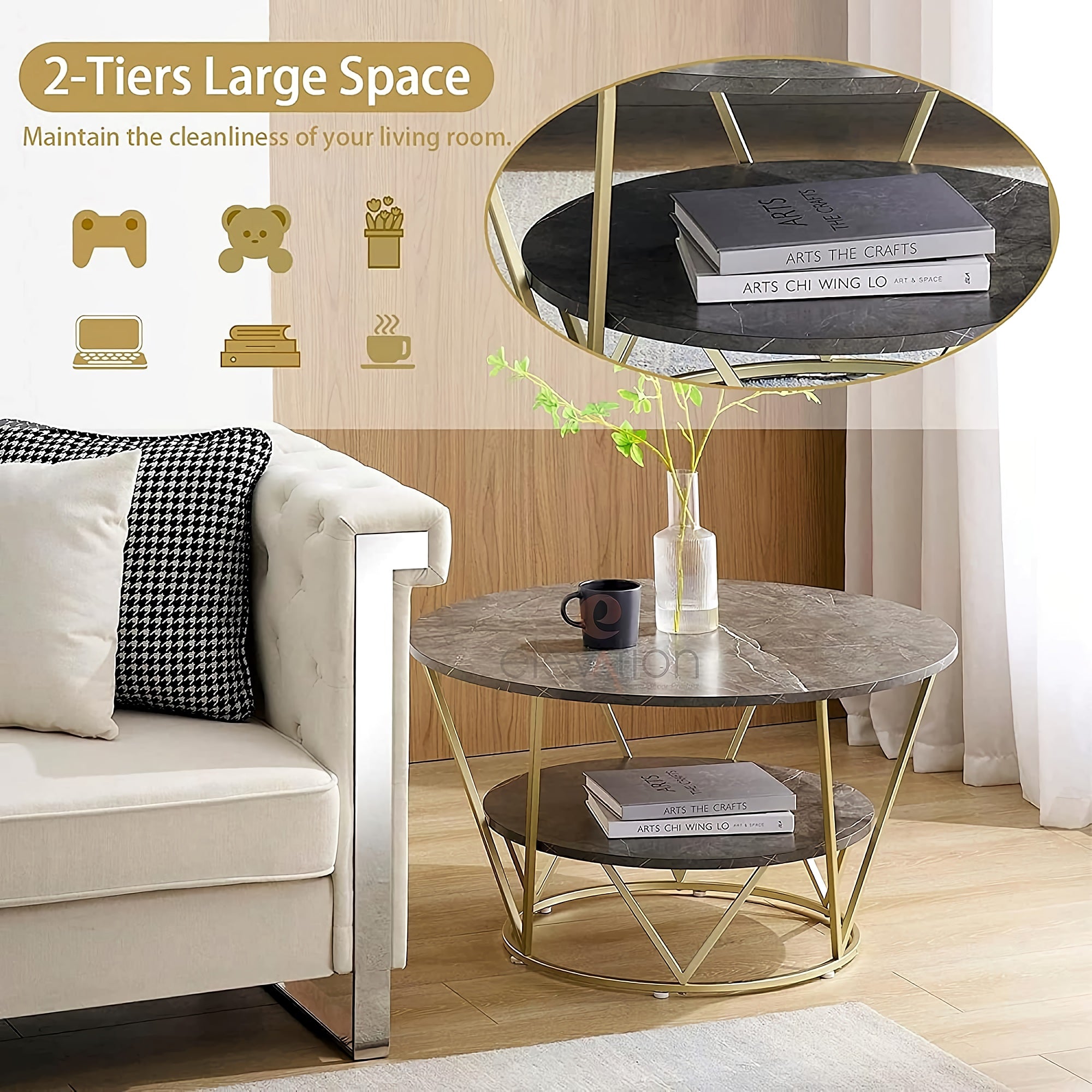 Round Coffee Table, 80cm Grey Gold Faux Marble Table with 2 Tier Storage for Home, Living Room (Grey-Gold) - COCO-Gray-CoffeeTableGG&G-FWS Round Coffee Table, 80cm Grey Gold Faux Marble Table with 2 Tier Storage for Home, Living Room (Grey-Gold) - COCO-Gray-CoffeeTableGG&G-FWS